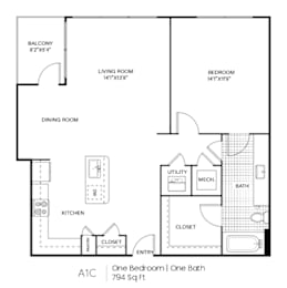 A floor plan of a one bedroom apartment with 794 square feet.