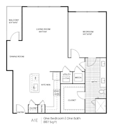 A floor plan of a one bedroom apartment with one bath.