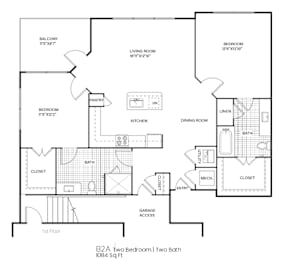 A drawing of a two bedroom apartment with two bathrooms.