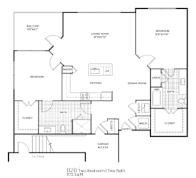 A black and white image of a two bedroom apartment layout.