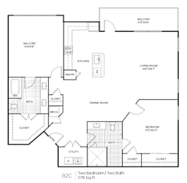 A floor plan of a two bedroom, two bath apartment.