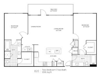 A black and white image of a two bedroom, two bathroom apartment layout.