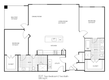 A floor plan of a two bedroom apartment with two bathrooms.