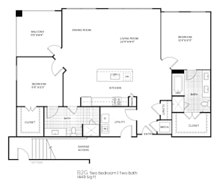 A floor plan of a two bedroom apartment with two bathrooms.