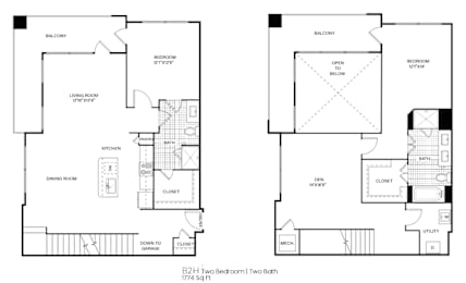 A floor plan of a two bedroom, two bathroom apartment.