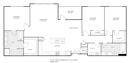 A black and white image of a floor plan for a three bedroom, two bathroom apartment.