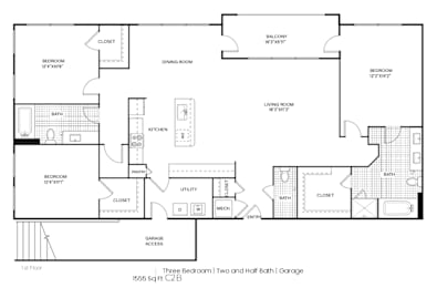 A black and white image of a floor plan for a three bedroom, two bathroom apartment.