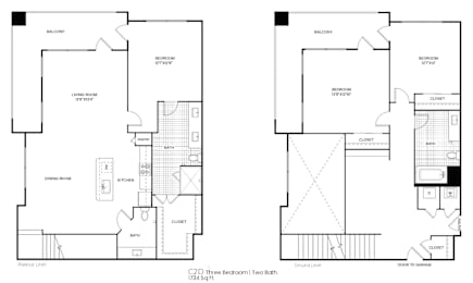 A floor plan of a two-story building with a living room, kitchen, and bathrooms.