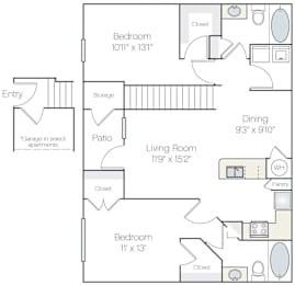 A floor plan of an apartment with a garage, two bedrooms, a living room, a dining room, a pantry, and a storage area.