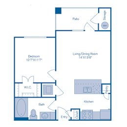 A floor plan of a home with a bedroom, living/dining room, kitchen, bathroom, and pantry.
