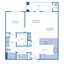 A floor plan of a home with a bedroom, living room, kitchen, and bath.