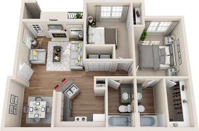 A 3D floor plan of a house showing a kitchen, living room, and bathroom.