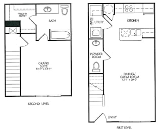 A floor plan of a two level home with a grand suite on the second level and a dining/great room on the first level.