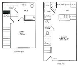 A floor plan of a two-level home with a grand suite on the second level and a dining/great room on the first level.