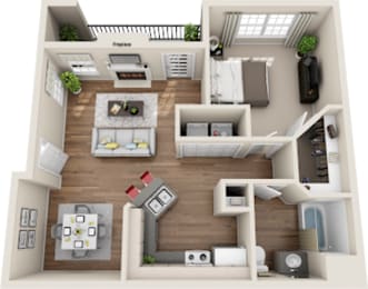 A 3D floor plan of a house layout.