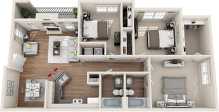 A 3D floor plan of a house with a kitchen, living room, and two bedrooms.