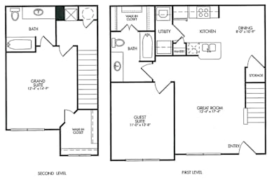 A floor plan of a two-story home with a grand suite on the second level and a great room on the first level.