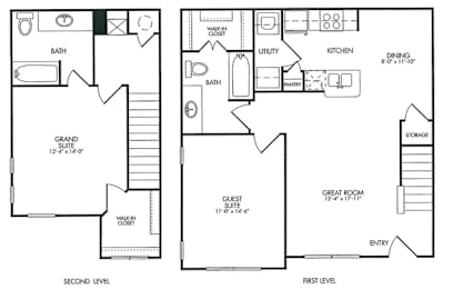 A black and white image of a two level house floor plan.