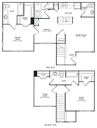 A black and white floor plan of a two-story house with a grand suite on the first floor and a guest suite on the second floor.