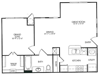 A floor plan of a house with a great room, dining room, kitchen, bath, and grand suite.