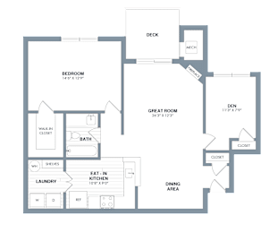 A floor plan of a house with a bedroom, a great room, a den, and a dining area.