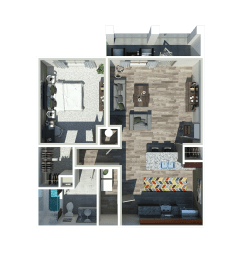 1 bed 1 bath a 3d floor plan of a furnished apartment at The Ridge at Chenal Valley, Little Rock, 72223