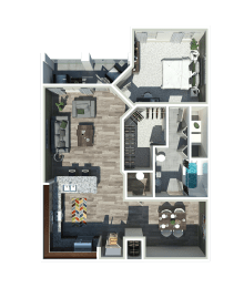 1 bed 1 bath a 3d floor plan of a furnished apartment C at The Ridge at Chenal Valley, Arkansas