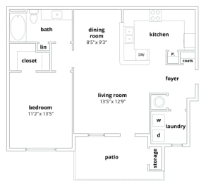 A1 Floorplan 805 sq ft at Walden Oaks Apts in Anderson, SC 29625