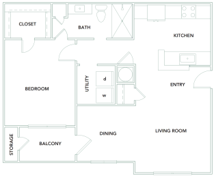 1 bedroom 1 bathroom 767 sq ft Floorplan at The Aster Sugar Land Apartments, Sugar Land, Texas