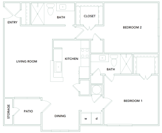2 bedroom 2 bathroom 1143 sq ft Floorplan at The Aster Sugar Land Apartments, Sugar Land, Texas