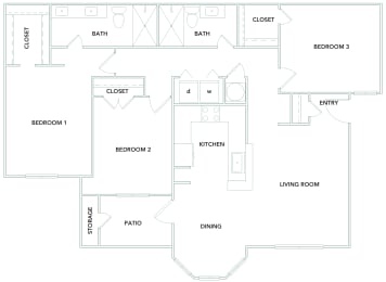 3 bedroom 2 bathroom 1300 sq ft Floorplanat The Aster Sugar Land Apartments, Sugar Land, Texas