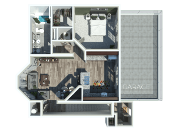 1 bed 1 bath a 3d floor plan of a furnished apartment B at The Ridge at Chenal Valley, Little Rock, Arkansas