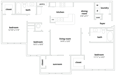 C2 Floorplan 1386 sq ft at Walden Oaks Apts in Anderson, SC 29625