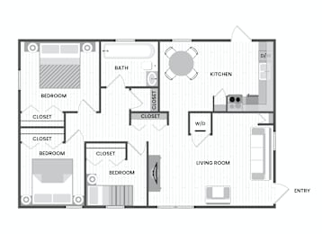 3 Bedroom Floor Plan at Century Apartments, Memphis, TN 38117