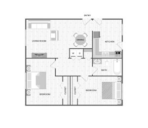 A black and white floor plan of a house with a living room, dining room, kitchen, two bedrooms, a bath, and a closet.