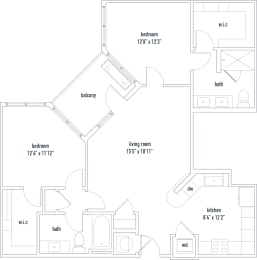 Alpine floorplan 2 bed 2 bath 1104 sq ft  The Dartmouth North Hills Apartments Raleigh NC 27609