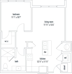 Marin Floorplan 1 bed 1 bath 647 sq ft  The Darmouth North Hills Apartments Raleigh NC 27609