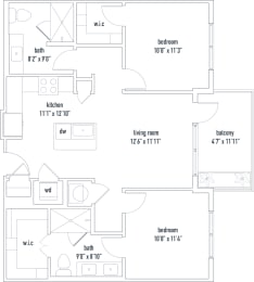 Ventura floorplan 2 bed 2 bath 932 sq ft  The Darmouth North Hills Apartments Raleigh NC 27609