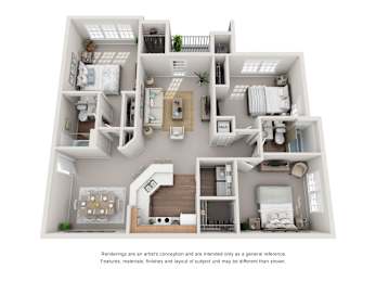 The Northwestern Three Bedroom Two Bathroom Floorplan at Enclave at Wolfchase Apartments, Memphis, TN