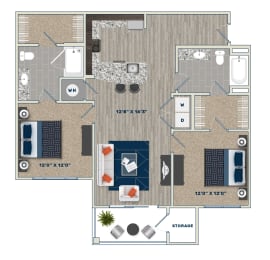 B2B Floor Plan at Fifth Street Place Apartments, Virginia, 22903