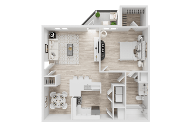 A top-down view of a house layout with a kitchen, living room, and bathroom.