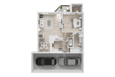 A detailed 3D floor plan of a house with a garage.