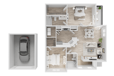 A top-down view of a house interior with a car in the garage.