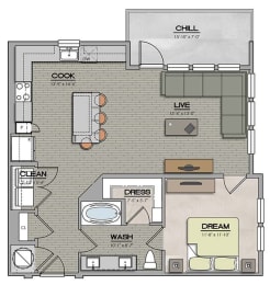 1 Bedroom 1 Bath B Floor Plan at The Jamestown Apartment Flats, Richmond, 23224