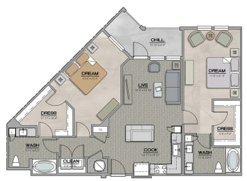 2 Bedroom 2 Bath C Floor Plan at The Jamestown Apartment Flats, Virginia, 23224