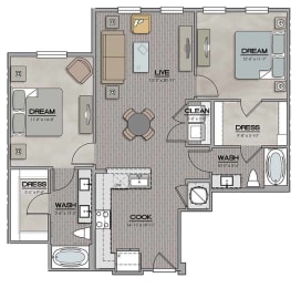 2 Bedroom 2 Bath D Floor Plan at The Jamestown Apartment Flats, Richmond, VA, 23224