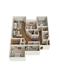 Floor plan of two bedroom two bathroom apartment at Madison Midtown Apartments, Memphis