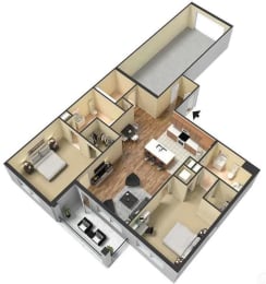 2 Bed 2 Bath Floor Plan at Meridian Park Apartments, Collierville, TN, 38017