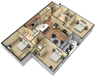 3 Bed 2 Bath Floor Plan at Meridian Park Apartments, Collierville, 38017