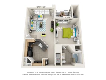 A 3D floor plan of a small apartment with a kitchen, living room, and bathroom.